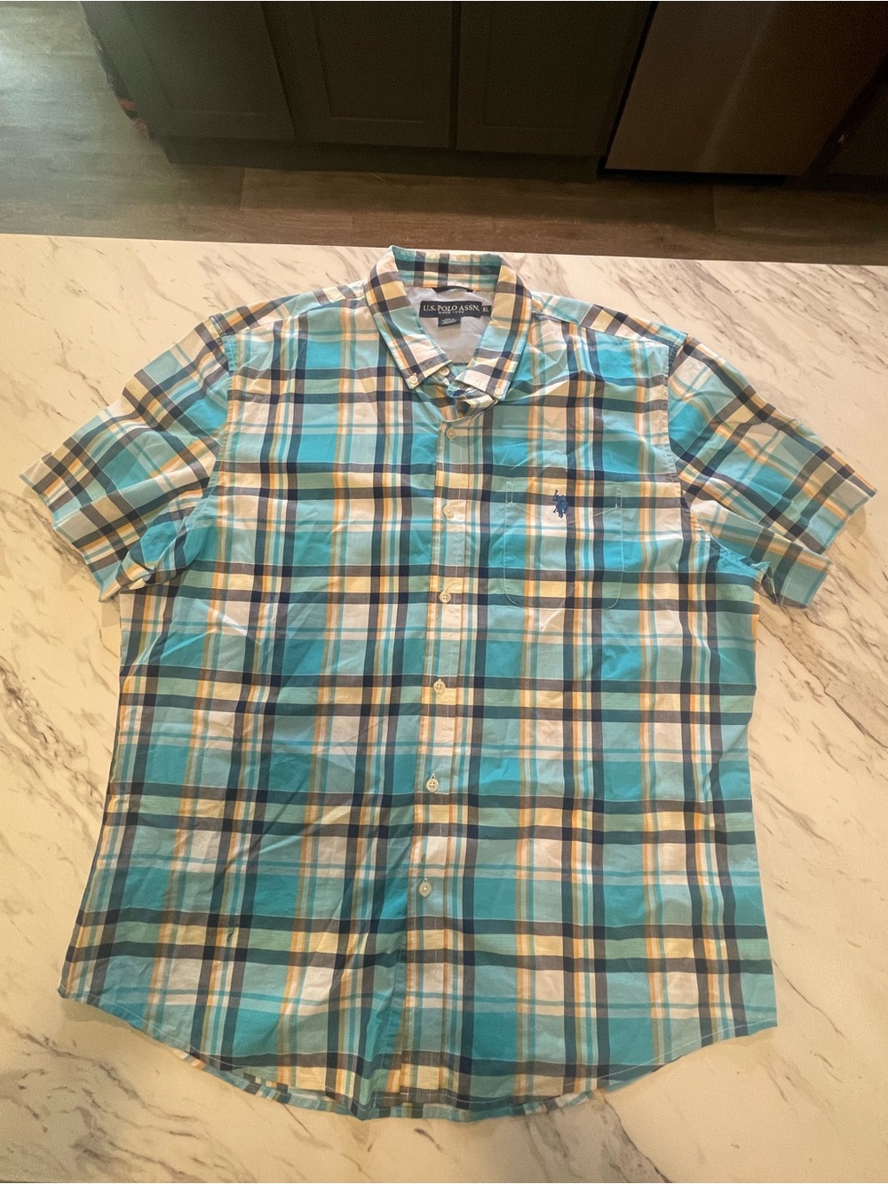 U.S. Polo Assn. Blue and yellow Plaid Short-Sleeve Button-Down Shirt‎